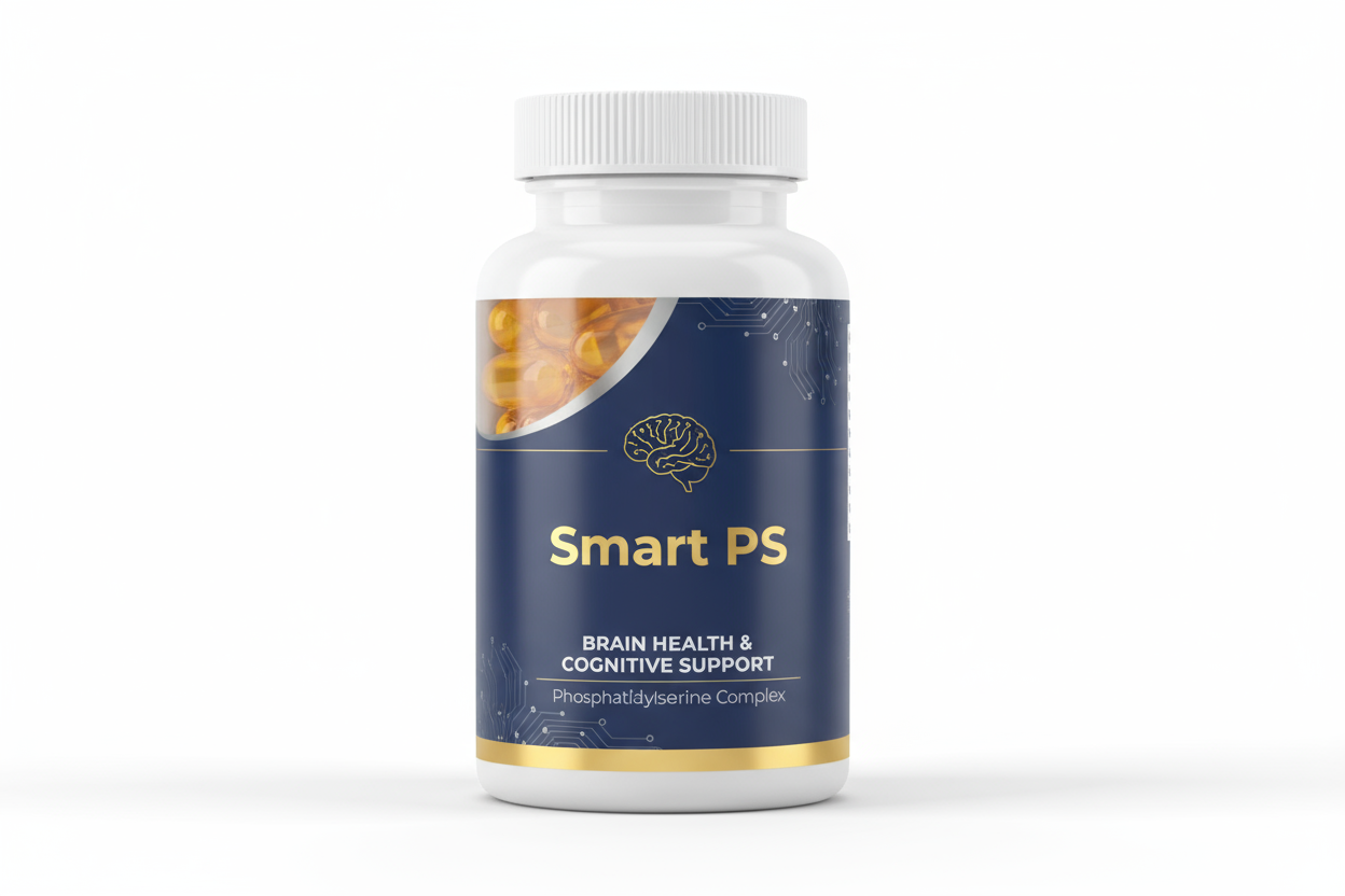 bottle of softgel vitamin capsules with a label that says "Smart PS" on it